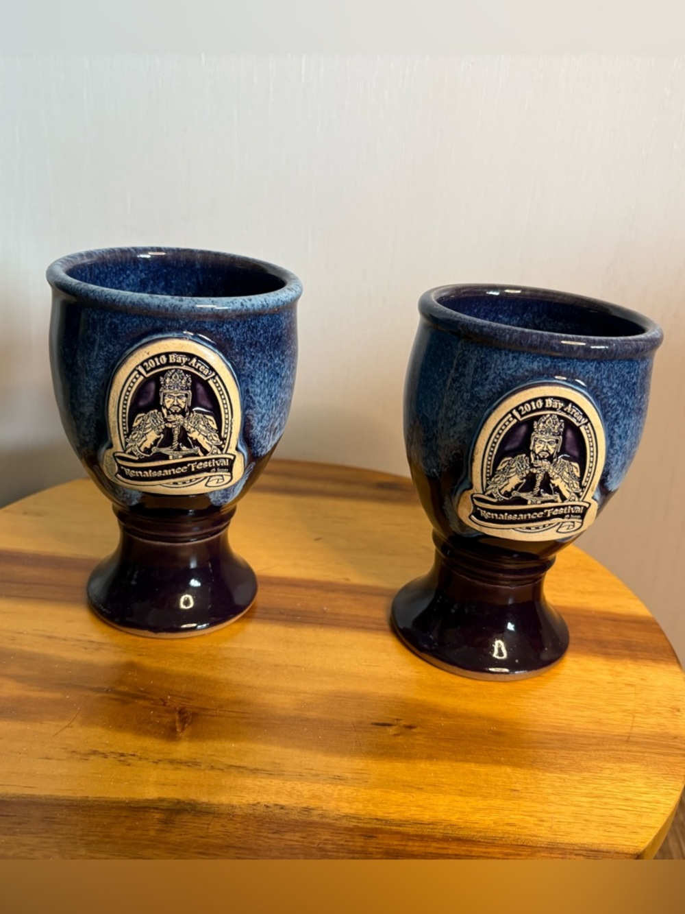 2010 Bay Area Renaissance Festival Emblem Blue Art Pottery Goblets (Pair)